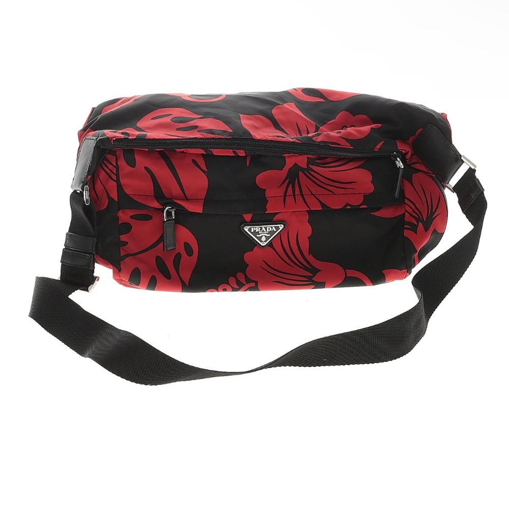 Prada Hibiscus Unisex Sling Belt Bum Waist Pack Black and Red Floral Bag